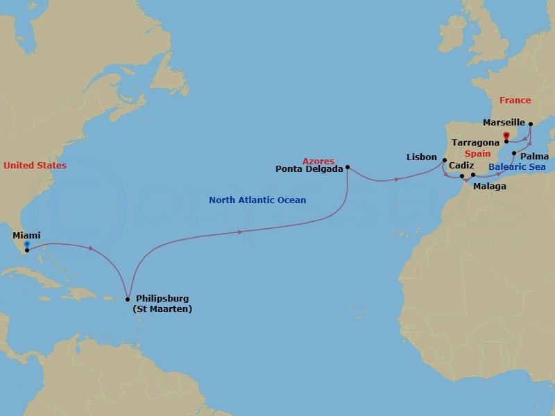 17 Night - Msc Grand Voyages - MSC Meraviglia - Starting in Miami, Florida, Philipsburg, St Maarten, Ponta Delgada (Azores), Portugal, Lisbon (Cascais), Portugal, Cadiz (Seville), Spain, Malaga (Granada), Spain, Palma De Mallorca (Balearic Islands), Spain, Marseille (Provence), France, Tarragona, Spain itinerary map