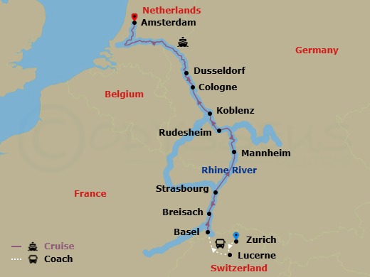10 Night - Zurich - Lucerne with Tulips & the Rhine - Emerald Luna - Starting in Zurich, Zurich / Lucerne, Lucerne, Lucerne / Basel (Huningue), Breisach, Strasbourg, Mannheim, Koblenz, Cologne / Dusseldorf, Amsterdam itinerary map