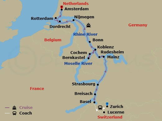 13 Night - Lucerne - Zurich & Rhine Castles & Moselle Vineyards - Emerald Destiny - Starting in Zurich, Zurich / Lucerne, Lucerne, Lucerne / Basel (Huningue), Breisach, Strasbourg, Mainz / Rudesheim, Rudesheim, Bernkastel, Cochem / Koblenz, Koblenz / Bonn, Nijmegen, Dordrecht / Rotterdam, Amsterdam itinerary map
