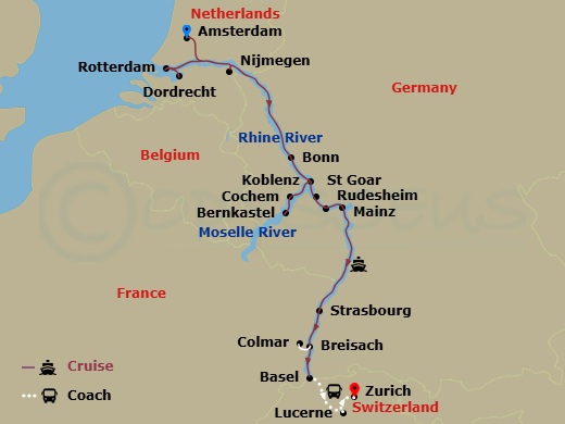13 Night - Rhine Castles & Moselle Vinyards with Lucerne & Zurich - Emerald Destiny - Starting in Amsterdam, Rotterdam / Dordrecht, Nijmegen, Bonn, Bernkastel, Cochem / Koblenz, Sankt Goar / Rudesheim, Mainz, Strasbourg, Breisach, Basel (Huningue) Lucerne, Lucerne, Lucerne / Zurich, Zurich itinerary map