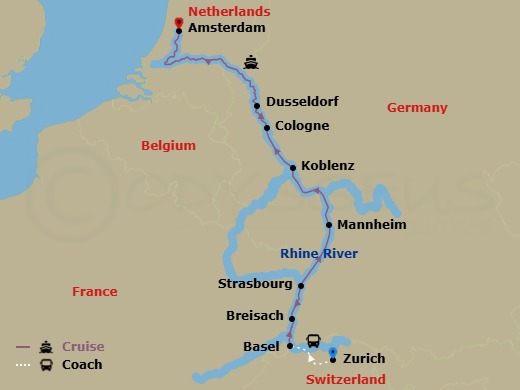 7 Night - Tulips & the Rhine - Emerald Luna - Starting in Zurich / Basel (Huningue), Breisach, Strasbourg, Mannheim, Koblenz, Cologne / Dusseldorf, Amsterdam itinerary map