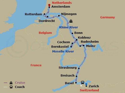 10 Night - Rhine Castles & Moselle Vineyards - Emerald Destiny - Starting in Zurich / Basel (Huningue) Embarkation, Breisach, Strasbourg, Mainz / Rudesheim, Rudesheim, Bernkastel, Cochem / Koblenz, Koblenz / Bonn, Nijmegen, Dordrecht / Rotterdam, Amsterdam itinerary map