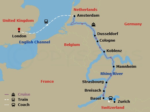 10 Night - Jewels of the Rhine & London - Emerald Star - Starting in Zurich / Basel (Huningue), Breisach, Strasbourg / Germersheim, Mannheim, Koblenz, Cologne / Dusseldorf, Amsterdam, Amsterdam / London, London itinerary map