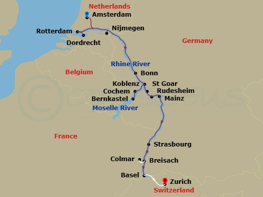 12 Night - Amsterdam with Castles, Vineyards & Breweries of the Rhine & Moselle - Emerald Sky - Starting in Amsterdam, Rotterdam / Dordrecht, Nijmegen, Bonn, Bernkastel, Cochem / Koblenz, Sankt Goar / Rudesheim, Mainz, Strasbourg, Breisach, Basel (Huningue) Zurich itinerary map