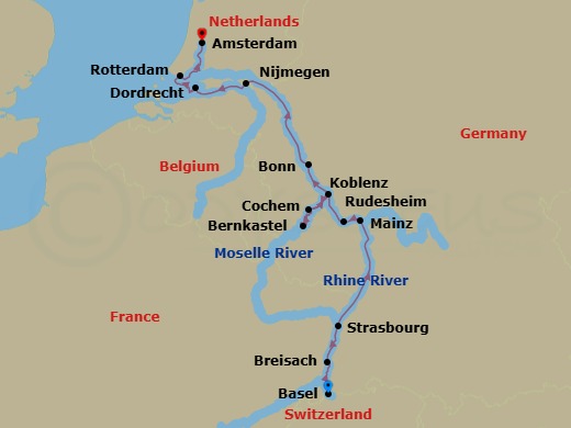 12 Night - Rhine Castles & Moselle Vineyards with Amsterdam - Emerald Destiny - Starting in Basel (Huningue) Embarkation, Breisach, Strasbourg, Mainz / Rudesheim, Rudesheim, Bernkastel, Cochem / Koblenz, Koblenz / Bonn, Nijmegen, Dordrecht / Rotterdam, Amsterdam itinerary map