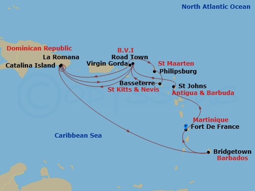14 Night - South Caribbean - MSC Opera - Starting in Fort-de-France, Martinique, St Johns AG, Antigua, Road Town (Tortola), British Virgin Islands, La Romana, Dominican Republic, Virgin Gorda, British Virgin Islands, Philipsburg, St Maarten, Basseterre, Sao Cristovao, Nevis, Road Town (Tortola), British Virgin Islands, Catalina Island, Dominican Republic, La Romana, Dominican Republic, Catalina Island, Dominican Republic, Bridgetown, Barbados, Fort-de-France, Martinique itinerary map