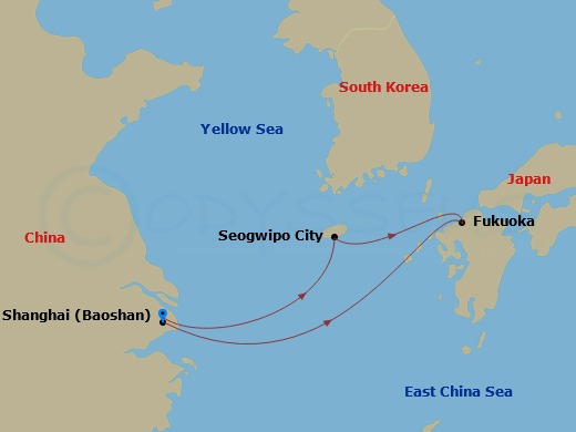 5 Night - Jeju & Fukuoka Cruise - Spectrum of the Seas - Starting in Shanghai (Baoshan), China, Jeju (Seogwipo), South Korea, Fukuoka, Japan, Shanghai (Baoshan), China itinerary map