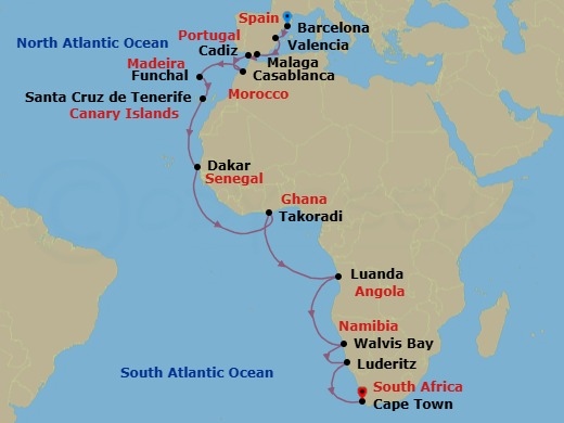 28 Night - Iberia & Africa's Atlantic Coast - Viking Neptune - Starting in Barcelona, Valencia, Sail the Alboran Sea, Granada (Malaga), Seville (Cadiz), Casablanca, Sail the Atlantic Ocean, Madeira (Funchal), Sail the Atlantic Ocean, Santa Cruz de Tenerife, Sail the Atlantic Ocean, Dakar, Sail the Atlantic Ocean, Takoradi, Sail the Atlantic Ocean, Sail the South Atlantic Ocean, Luanda, Sail the South Atlantic Ocean, Walvis Bay, Luderitz, Sail the South Atlantic Ocean, Cape Town itinerary map