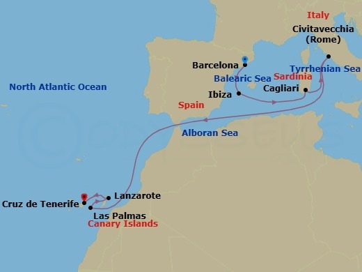 10 Night - Canary Islands and Madeira - MSC Fantasia - Starting in Barcelona, Spain, Ibiza (Balearic Islands), Spain, Cagliari (Sardinia), Italy, Civitavecchia (Rome), Italy, Las Palmas de Gran Canaria (Canary Islands), Spain, Arrecife De Lanzarote (Canary Islands), Spain, Santa Cruz de Tenerife itinerary map
