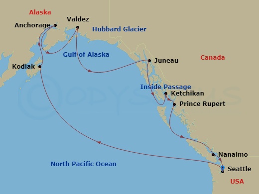 14 Night - Great Alaska Explorer - Noordam - Starting in Seattle, Washington, Kodiak, Alaska, Anchorage, Alaska, Valdez, Alaska, Cruising Hubbard Glacier, Juneau, Alaska, Ketchikan, Alaska, Prince Rupert, British Columbia, Canada, Scenic Cruising the Inside Passage, Nanaimo, Vancouver Island, Canada, Seattle, Washington itinerary map