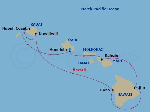 11 Night - O'ahu Explorer Hyatt Waikiki Ocean View Cruisetour - Pride of America Tours - Starting in At Hotel, Honolulu, Hi, Kahului, Maui, Hi, Hilo, Hi, Kona, Hi, Nawiliwili, Kauai, Hawaii, Cruise Napali Coast, Hi, Nawiliwili, Kauai, Hawaii, Honolulu, Hi itinerary map