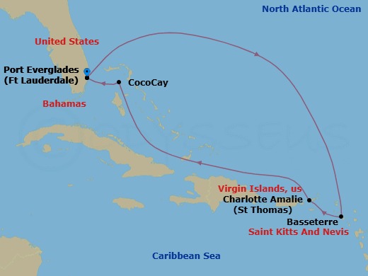 7 Night - Perfect Day Cococay & East Carib - Allure of the Seas - Starting in Fort Lauderdale, Florida, Basseterre, St Kitts and Nevis, Charlotte Amalie, St Thomas, Perfect Day Cococay, Bahamas, Fort Lauderdale, Florida itinerary map