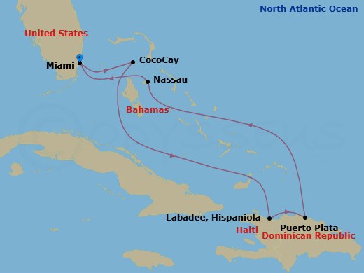 7 Night - Perfect Day Cococay & East Carib - Allure of the Seas - Starting in Miami, Florida, Perfect Day Cococay, Bahamas, Labadee, Haiti, Puerto Plata, Dominican Republic, Nassau, Bahamas, Miami, Florida itinerary map