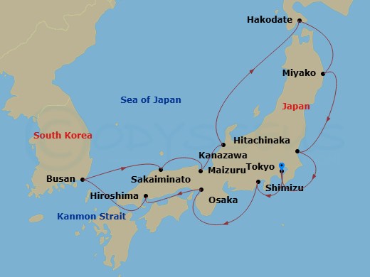 14 Night - Circle Japan - Noordam - Starting in Tokyo, Japan, Shimizu, Japan, Osaka, Japan, Hiroshima, Japan, Scenic Cruising Kanmon Straits, Busan (Pusan), South Korea, Sakaiminato, Japan, Scenic cruising Maizuru Bay, Maizuru, Japan, Kanazawa, Japan, Hakodate, Japan, Miyako, Japan, Hitachinaka, Japan, Tokyo, Japan itinerary map