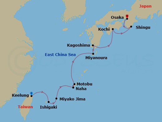9 Night - Odyssey in the Heart of Japan's Subtropical Islands - Le Soleal - Starting in Keelung (Chilung), Ishigaki, Miyakojima, Naha, Okinawa, Motobu, Okinawa, Miyanoura, Yakushima, Kagoshima, Kochi, Shingu, Osaka itinerary map