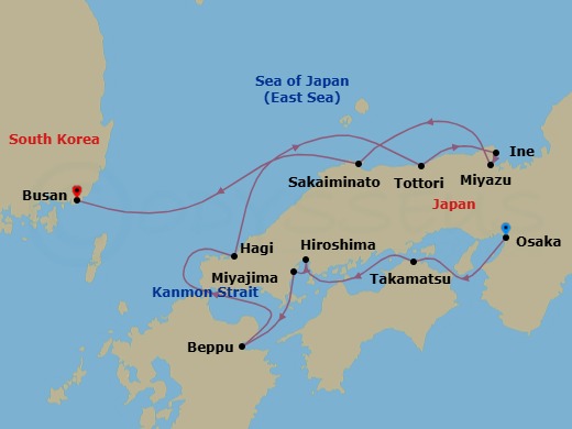 8 Night - Japanese Ancestral Traditions and Legendary Shrines - Le Soleal - Starting in Osaka, Takamatsu, Hiroshima, Miyajima Island, Beppu, Oita, Hagi, Tottori, Ine, Miyazu, Sakaiminato, Busan itinerary map