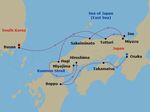 8 Night - Japanese Ancestral Traditions and Legendary Shrines - Le Soleal - Starting in Osaka, Takamatsu, Beppu, Oita, Hiroshima, Miyajima Island, Hagi, Tottori, Ine, Miyazu, Sakaiminato, Busan itinerary map