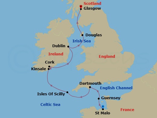 8 Night - May Joy Endure in Music, with Bach, Mozart and Liszt - Le Lyrial - Starting in Saint-malo, Guernsey, Channel Islands, Dartmouth, Isles of Scilly, Kinsale, Cork, Dublin, Douglas, Glasgow, Scotland itinerary map