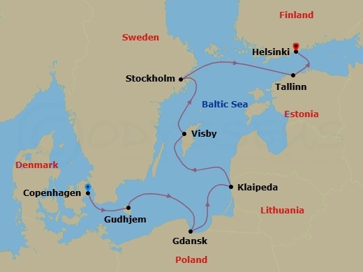 8 Night - Cruising the Historic Cities of the Baltic Sea - with Smithsonian Journeys - Le Laperouse - Starting in Copenhagen, Gudhjem, Bornholm, Gdansk, Klaipeda, Visby, Gotland, Stockholm, Tallinn, Helsinki itinerary map