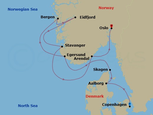 8 Night - Secret Scandinavia - Le Laperouse - Starting in Copenhagen, Aalborg, Skagen, Egersund, Bergen, Eidfjord, Stavanger, Arendal, Oslo itinerary map