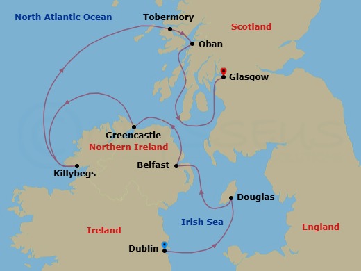7 Night - From Ireland to Scotland : a Journey Through Celtic Lands - Le Laperouse - Starting in Dublin, Douglas, Belfast, Northern Ireland, Greencastle, Killybegs, Tobermory, Isle of Mull, Oban UK, Scotland, Glasgow, Scotland itinerary map