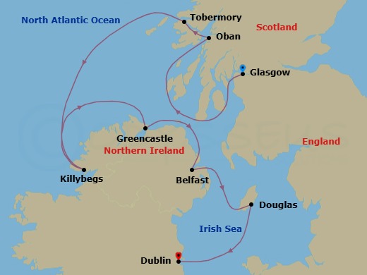 7 Night - From Scotland to Ireland : a Journey Through Celtic Lands - Le Laperouse - Starting in Glasgow, Scotland, Oban UK, Scotland, Tobermory, Isle of Mull, Killybegs, Greencastle, Belfast, Northern Ireland, Douglas, Dublin itinerary map