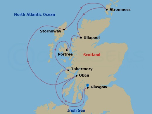 7 Night - Wild Scotland and Mythical Islands - Le Laperouse - Starting in Glasgow, Scotland, Oban UK, Scotland, Stornoway, Hebrides, Stromness, Orkney, Ullapool, Scotland, Portree, Isle of Skye, Tobermory, Isle of Mull, Glasgow, Scotland itinerary map