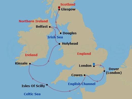 8 Night - Celtic Voyage : the Hebrides and the Irish Sea - with Smithsonian Journeys - Le Bellot - Starting in London, Dover UK, Cowes, Isles of Scilly, Kinsale, Holyhead, Wales, Belfast, Northern Ireland, Douglas, Glasgow, Scotland itinerary map