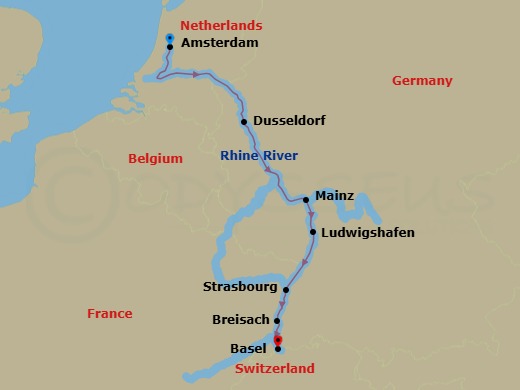7 Night - City Escapes : the Rhine - AmaVenita - Starting in Amsterdam, Dusseldorf, Mainz, Ludwigshafen, Strasbourg, Breisach, Basel itinerary map