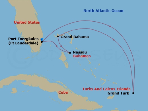 6 Night - Grand Turk & Bahamas Cruise - Celebrity Silhouette - Starting in Fort Lauderdale, Florida, Grand Turk, Turks and Caicos, Grand Bahama Island, Bahamas, Nassau, Bahamas, Fort Lauderdale, Florida itinerary map
