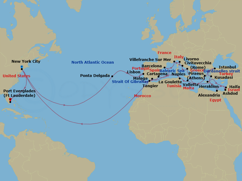 47 Night - Legendary Ultimate Mediterranean & Atlantic Passage - Volendam - Starting in New York, Ponta Delgada, Sao Miguel, Azores, Portugal, Lisbon, Portugal, Cruising Strait of Gibraltar, Cartagena ES, Barcelona, Spain, Villefranche-sur-Mer (Nice), France, Livorno (Florence / Pisa), Italy, Civitavecchia (Rome), Italy, Naples (Pompeii / Amalfi), Italy, Iraklion (Crete), Greece, Ashdod (Jerusalem), Israel, Haifa (Tel Aviv), Israel, Alexandria EG (Cairo), Egypt, Kusadasi (Ephesus), Turkey, Cruising the Dardanelles, Istanbul, Turkey, Piraeus (Athens), Greece, Valletta, Malta, La Goulette (Tunis), Tunisia, Malaga, Spain, Tangier, Morocco, New York, Fort Lauderdale, Florida itinerary map