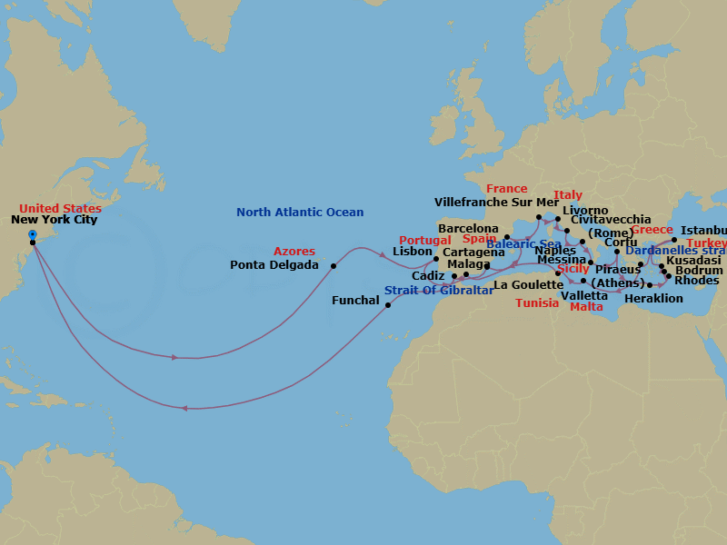 44 Night - Legendary Ultimate Mediterranean & Atlantic Passage - Volendam - Starting in New York, Ponta Delgada, Sao Miguel, Azores, Portugal, Lisbon, Portugal, Cruising Strait of Gibraltar, Cartagena ES, Barcelona, Spain, Villefranche-sur-Mer (Nice), France, Livorno (Florence / Pisa), Italy, Civitavecchia (Rome), Italy, Naples (Pompeii / Amalfi), Italy, Iraklion (Crete), Greece, Ashdod (Jerusalem), Israel, Haifa (Tel Aviv), Israel, Alexandria EG (Cairo), Egypt, Kusadasi (Ephesus), Turkey, Cruising the Dardanelles, Istanbul, Turkey, Piraeus (Athens), Greece, Valletta, Malta, La Goulette (Tunis), Tunisia, Malaga, Spain, Tangier, Morocco, New York itinerary map