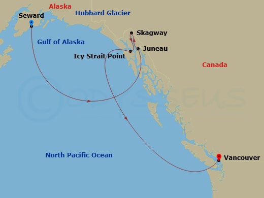 7 Night - Southbound Alaska & Hubbard Glacier - Anthem of the Seas - Starting in Seward, Alaska, Hubbard Glacier (Cruising), Juneau, Alaska, Skagway, Alaska, Icy Strait Point, Alaska, Vancouver, British Columbia itinerary map