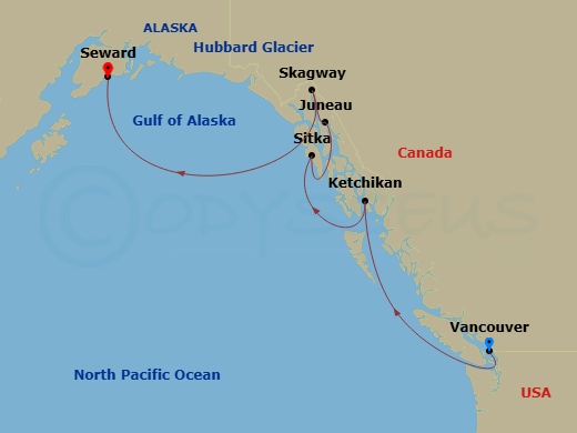 7 Night - Northbound Alaska & Hubbard Glacier - Anthem of the Seas - Starting in Vancouver, British Columbia, Ketchikan (Ward Cove), Alaska, Sitka, Alaska, Juneau, Alaska, Skagway, Alaska, Hubbard Glacier (Cruising), Seward, Alaska itinerary map