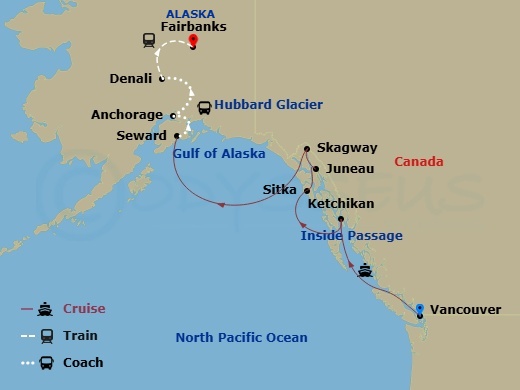 10 Night - Heart of Northern Frontier Ct 2A - Anthem of the Seas Tours - Starting in Vancouver, British Columbia, Ketchikan (Ward Cove), Alaska, Sitka, Alaska, Juneau, Alaska, Skagway, Alaska, Hubbard Glacier (Cruising), Seward, Alaska, Anchorage, Alaska, Denali, Alaska, Fairbanks, Alaska itinerary map