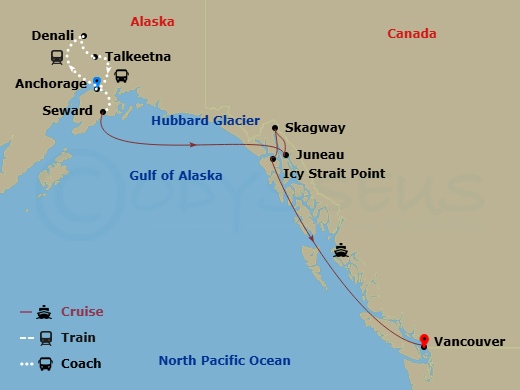10 Night - Tundra Explorers Family Ct 9B - Anthem of the Seas Tours - Starting in Anchorage, Alaska, Denali, Alaska, Talkeetna, Alaska, Anchorage, Alaska, Seward, Alaska, Anchorage, Alaska, Seward, Alaska, Hubbard Glacier (Cruising), Juneau, Alaska, Skagway, Alaska, Icy Strait Point, Alaska, Vancouver, British Columbia itinerary map