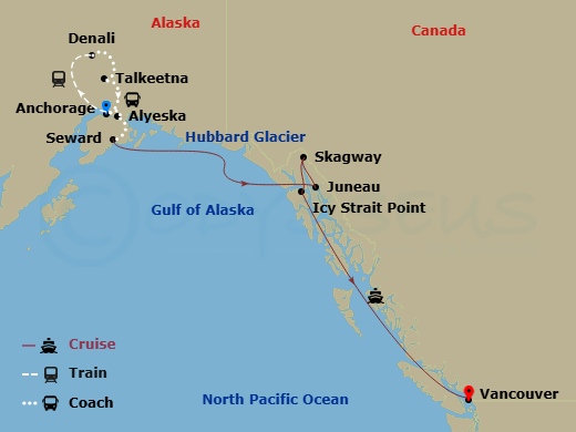 12 Night - Mountain Panorama & Alyeska Ct 5B - Anthem of the Seas Tours - Starting in Anchorage, Alaska, Talkeetna, Alaska, Denali, Alaska, Anchorage, Alaska, Alyeska (Girdwood), Alaska, Seward, Alaska, Alyeska (Girdwood), Alaska, Seward, Alaska, Hubbard Glacier (Cruising), Juneau, Alaska, Skagway, Alaska, Icy Strait Point, Alaska, Vancouver, British Columbia itinerary map
