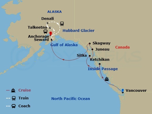 10 Night - Tundra Explorers Family Ct 9A - Anthem of the Seas Tours - Starting in Vancouver, British Columbia, Ketchikan (Ward Cove), Alaska, Sitka, Alaska, Juneau, Alaska, Skagway, Alaska, Hubbard Glacier (Cruising), Seward, Alaska, Anchorage, Alaska, Talkeetna, Alaska, Denali, Alaska, Anchorage, Alaska itinerary map