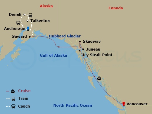 10 Night - Kenai Fjords & Wildlife Ct 12B - Anthem of the Seas Tours - Starting in Anchorage, Alaska, Denali, Alaska, Talkeetna, Alaska, Anchorage, Alaska, Seward, Alaska, Hubbard Glacier (Cruising), Juneau, Alaska, Skagway, Alaska, Icy Strait Point, Alaska, Vancouver, British Columbia itinerary map