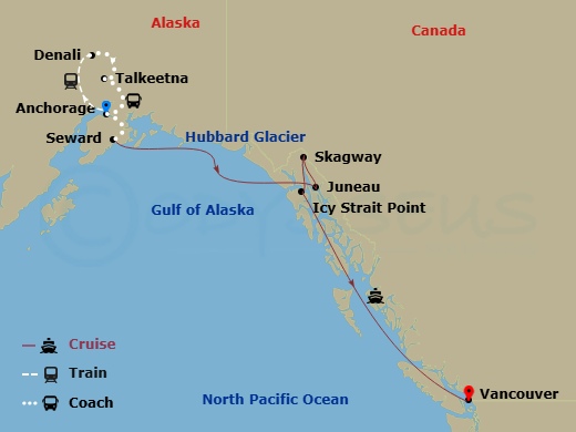 9 Night - Destination Denali Ct 11B - Anthem of the Seas Tours - Starting in Anchorage, Alaska, Talkeetna, Alaska, Denali, Alaska, Anchorage, Alaska, Seward, Alaska, Hubbard Glacier (Cruising), Juneau, Alaska, Skagway, Alaska, Icy Strait Point, Alaska, Vancouver, British Columbia itinerary map