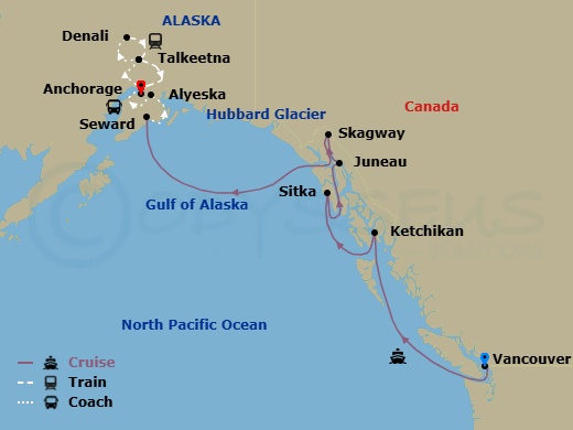 10 Night - Alaska Wildlife Explorer Ct 1A - Anthem of the Seas Tours - Starting in Vancouver, British Columbia, Ketchikan (Ward Cove), Alaska, Sitka, Alaska, Juneau, Alaska, Skagway, Alaska, Hubbard Glacier (Cruising), Seward, Alaska, Alyeska (Girdwood), Alaska, Anchorage, Alaska, Talkeetna, Alaska, Denali, Alaska, Talkeetna, Alaska, Anchorage, Alaska itinerary map