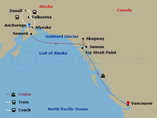 10 Night - Alaska Wildlife Explorer Ct 1B - Anthem of the Seas Tours - Starting in Anchorage, Alaska, Talkeetna, Alaska, Denali, Alaska, Talkeetna, Alaska, Alyeska (Girdwood), Alaska, Anchorage, Alaska, Seward, Alaska, Hubbard Glacier (Cruising), Juneau, Alaska, Skagway, Alaska, Icy Strait Point, Alaska, Vancouver, British Columbia itinerary map