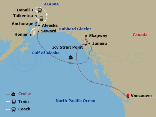 13 Night - Homer Wldlife & Heart of Ak Ult Ct10b - Anthem of the Seas Tours - Starting in Anchorage, Alaska, Talkeetna, Alaska, Denali, Alaska, Alyeska (Girdwood), Alaska, Homer, Alaska, Seward, Alaska, Hubbard Glacier (Cruising), Juneau, Alaska, Skagway, Alaska, Icy Strait Point, Alaska, Vancouver, British Columbia itinerary map