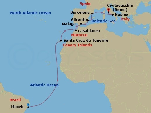 15 Night - Msc Grand Voyages - MSC Divina - Starting in Maceio, Brazil, Santa Cruz de Tenerife, Casablanca (Marrakesh), Morocco, Malaga (Granada), Spain, Alicante, Spain, Barcelona, Spain, Naples (Pompeii), Italy, Civitavecchia (Rome), Italy itinerary map