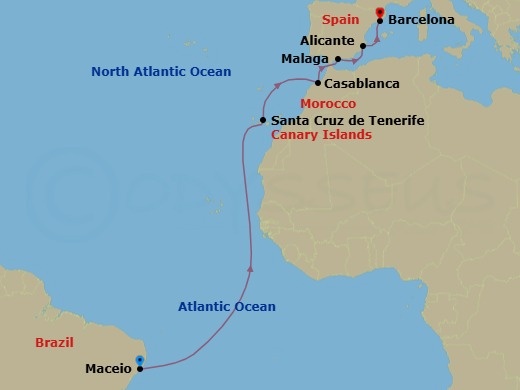 12 Night - Msc Grand Voyages - MSC Divina - Starting in Maceio, Brazil, Santa Cruz de Tenerife, Casablanca (Marrakesh), Morocco, Malaga (Granada), Spain, Alicante, Spain, Barcelona, Spain itinerary map