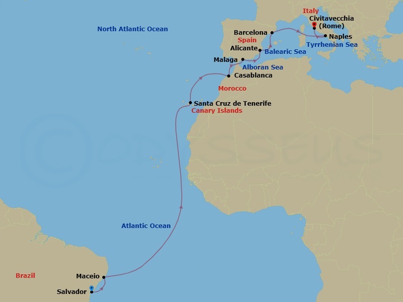 16 Night - Msc Grand Voyages - MSC Divina - Starting in Salvador, Brazil, Maceio, Brazil, Santa Cruz de Tenerife, Casablanca (Marrakesh), Morocco, Malaga (Granada), Spain, Alicante, Spain, Barcelona, Spain, Naples (Pompeii), Italy, Civitavecchia (Rome), Italy itinerary map