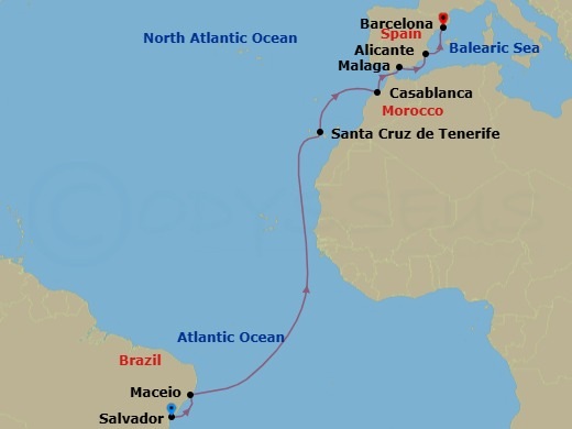 13 Night - Msc Grand Voyages - MSC Divina - Starting in Salvador, Brazil, Maceio, Brazil, Santa Cruz de Tenerife, Casablanca (Marrakesh), Morocco, Malaga (Granada), Spain, Alicante, Spain, Barcelona, Spain itinerary map