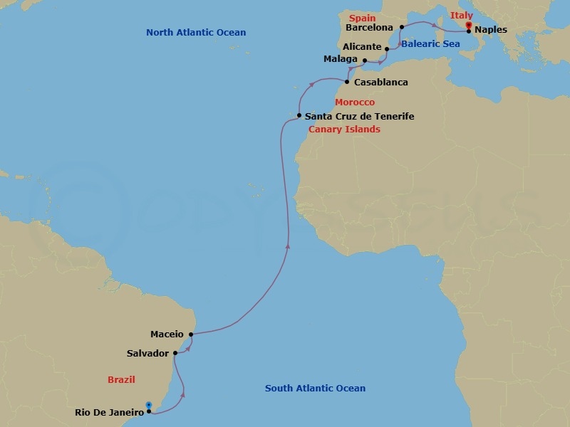 17 Night - Msc Grand Voyages - MSC Divina - Starting in Rio De Janeiro, Brazil, Salvador, Brazil, Maceio, Brazil, Santa Cruz de Tenerife, Casablanca (Marrakesh), Morocco, Malaga (Granada), Spain, Alicante, Spain, Barcelona, Spain, Naples (Pompeii), Italy itinerary map