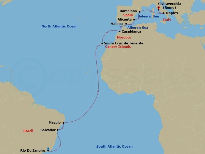 18 Night - Msc Grand Voyages - MSC Divina - Starting in Rio De Janeiro, Brazil, Salvador, Brazil, Maceio, Brazil, Santa Cruz de Tenerife, Casablanca (Marrakesh), Morocco, Malaga (Granada), Spain, Alicante, Spain, Barcelona, Spain, Naples (Pompeii), Italy, Civitavecchia (Rome), Italy itinerary map