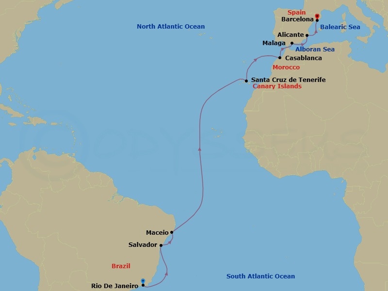 15 Night - Msc Grand Voyages - MSC Divina - Starting in Rio De Janeiro, Brazil, Salvador, Brazil, Maceio, Brazil, Santa Cruz de Tenerife, Casablanca (Marrakesh), Morocco, Malaga (Granada), Spain, Alicante, Spain, Barcelona, Spain itinerary map
